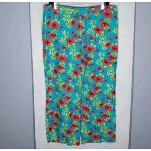 Harold’s Linen Cropped Pants Womens 6 Tropical Floral Drawstring Slit Hem